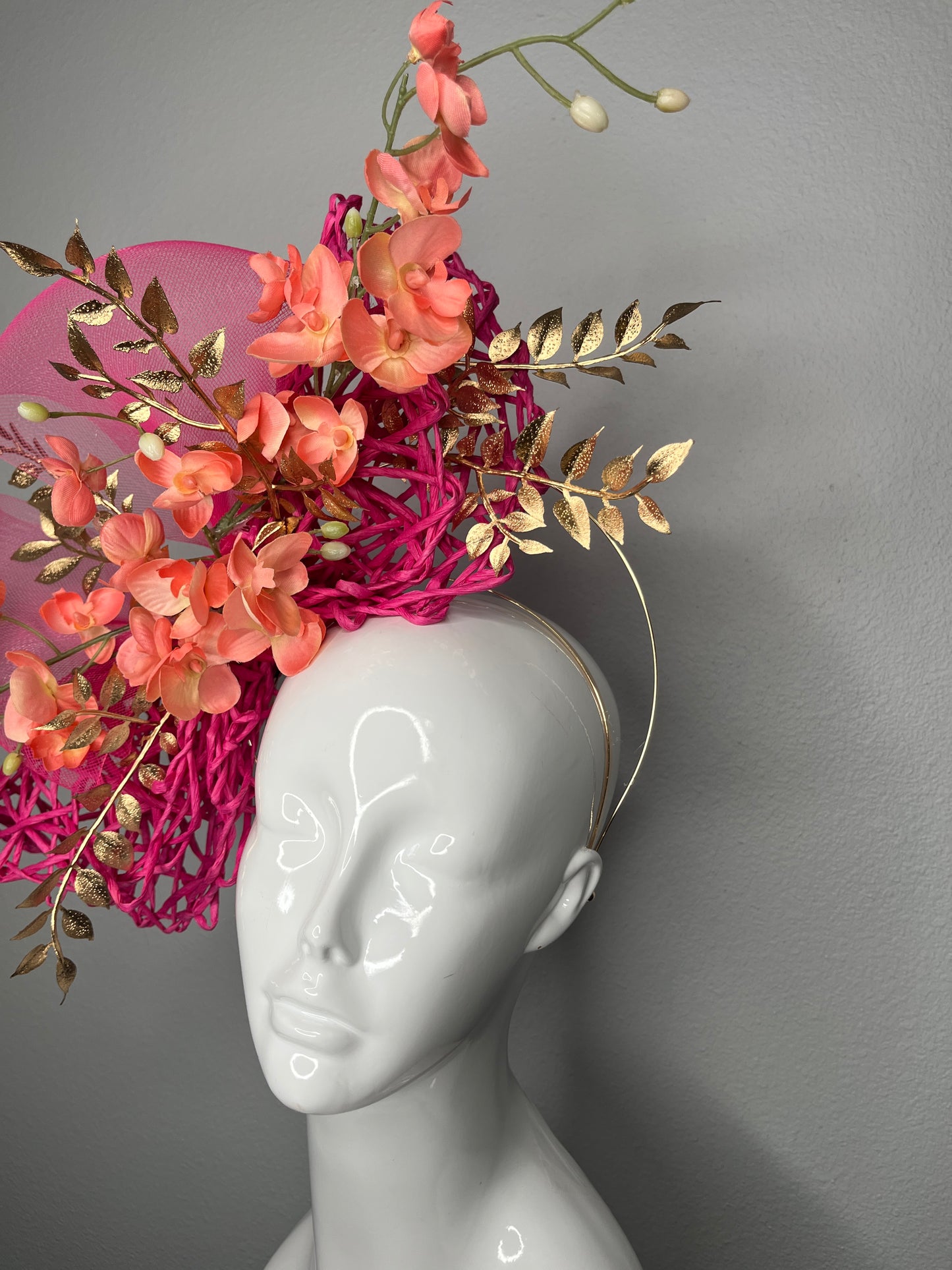 Coral and Fuchsia Canopy of Orchids Fascinator Hat