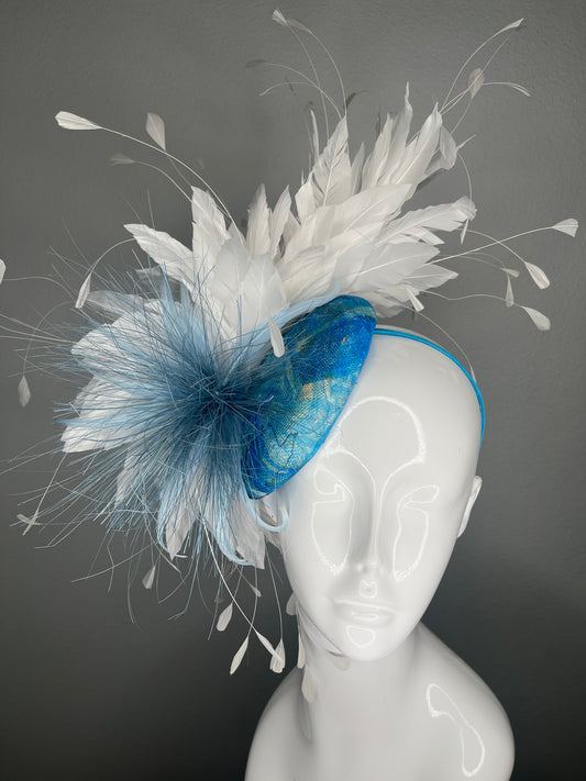 Blue & White Marble Couture Feather Fascinator – One of a Kind Statement Headpiece