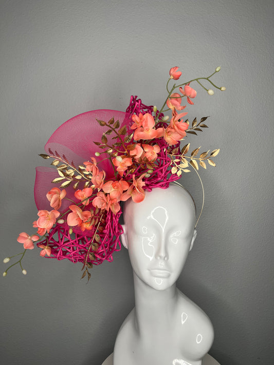 Coral and Fuchsia Canopy of Orchids Fascinator Hat