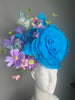 Turquoise Blue Rose Butterfly Kentucky Derby Lavender Feathers Garden Couture Fascinator Headpiece