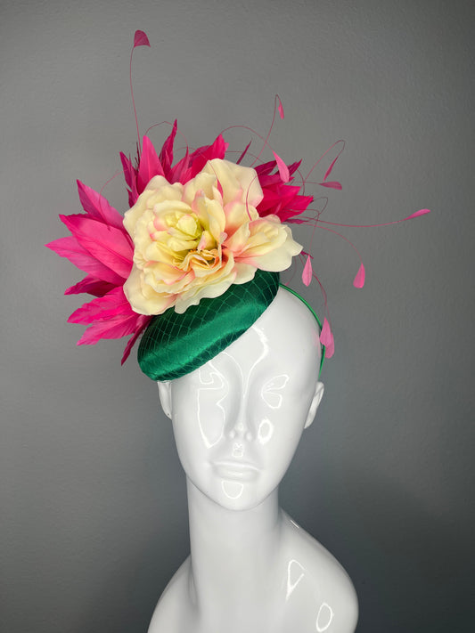Emerald Green and Fuchsia Couture Feather Fascinator Hat with Yellow Floral Detail