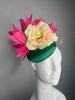 Emerald Green and Fuchsia Couture Feather Fascinator Hat with Yellow Floral Detail