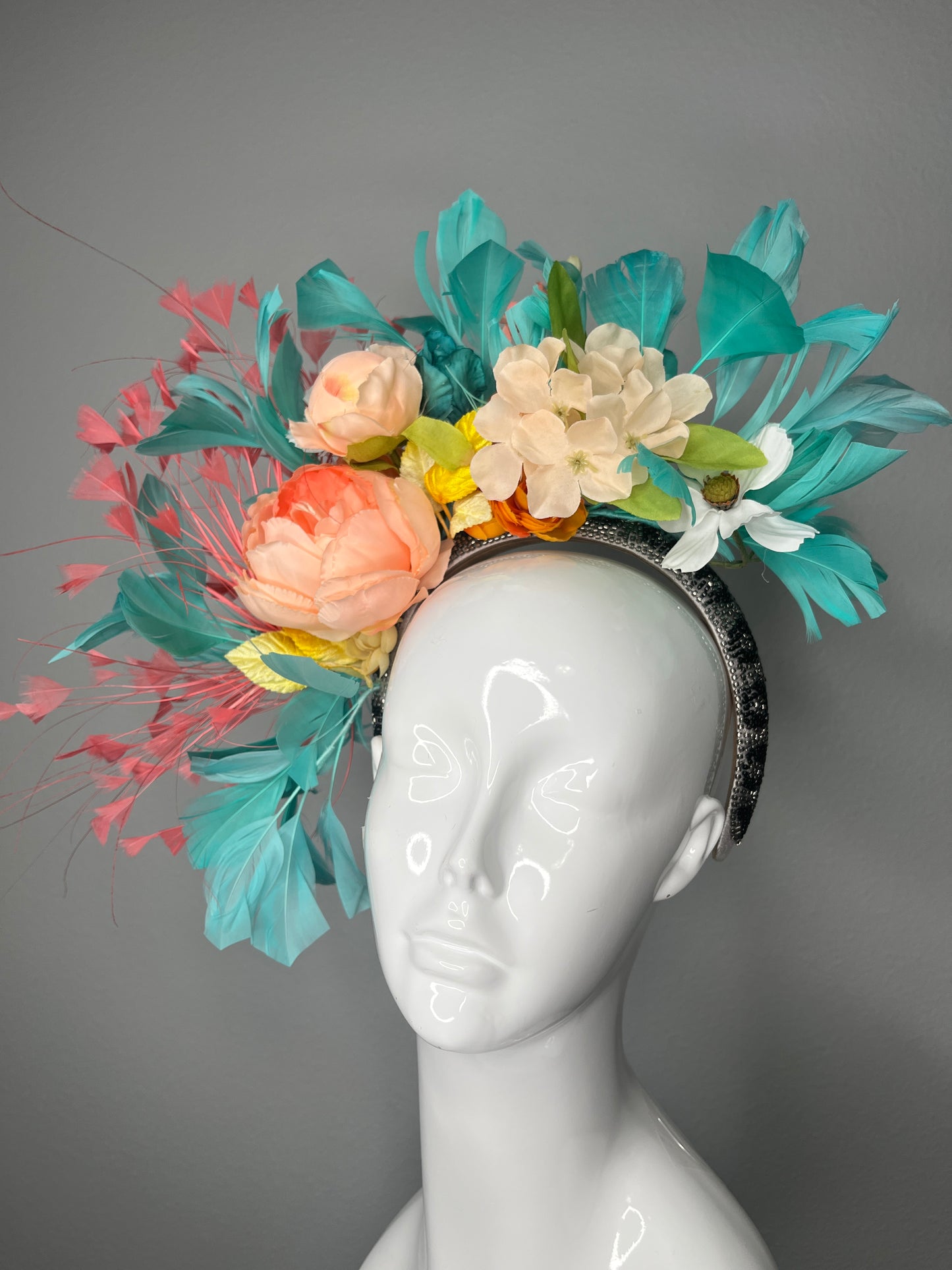 Tropical Sunrise Statement Feather Fascinator Headband Turquoise Feathers Coral Peach Florals Coral Feather Spray