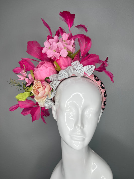 Pink Peony Paradise Statement Feather Fascinator Headband Derby Oaks