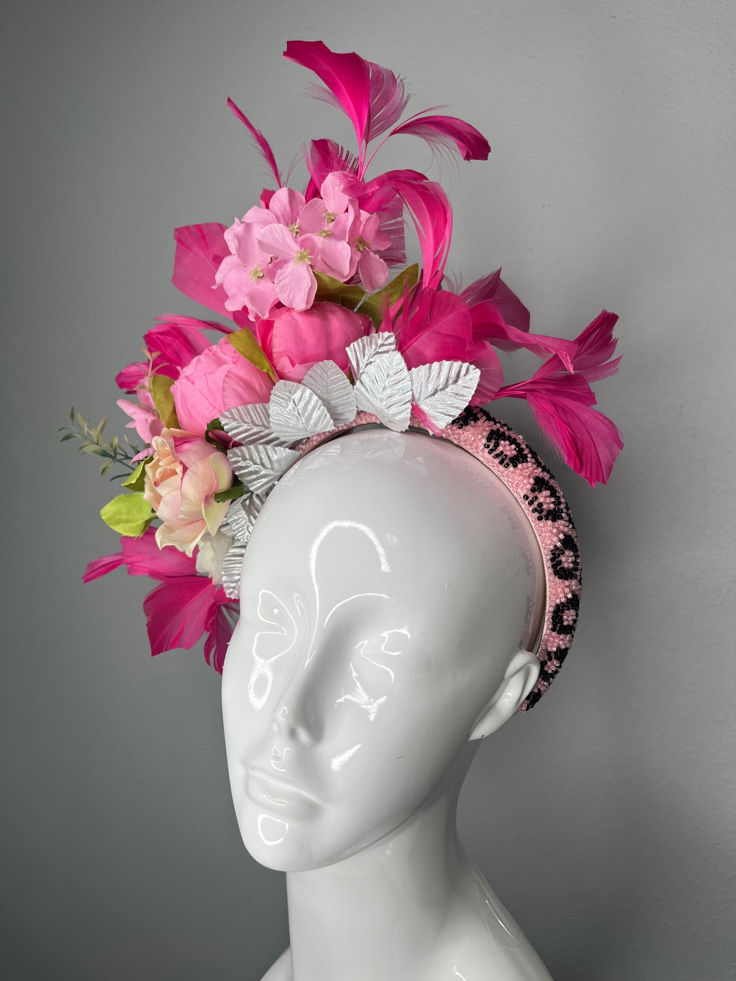 Pink Peony Paradise Statement Feather Fascinator Headband Derby Oaks
