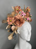 Mocha Brown Rose and Blush Pink Botanical Crown Black Textured Leaves Velvet Leaves Fascinator