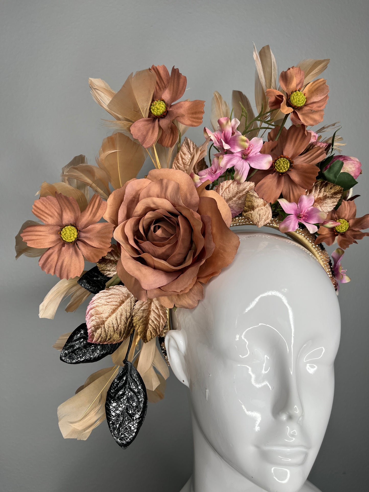 Mocha Brown Rose and Blush Pink Botanical Crown Black Textured Leaves Velvet Leaves Fascinator
