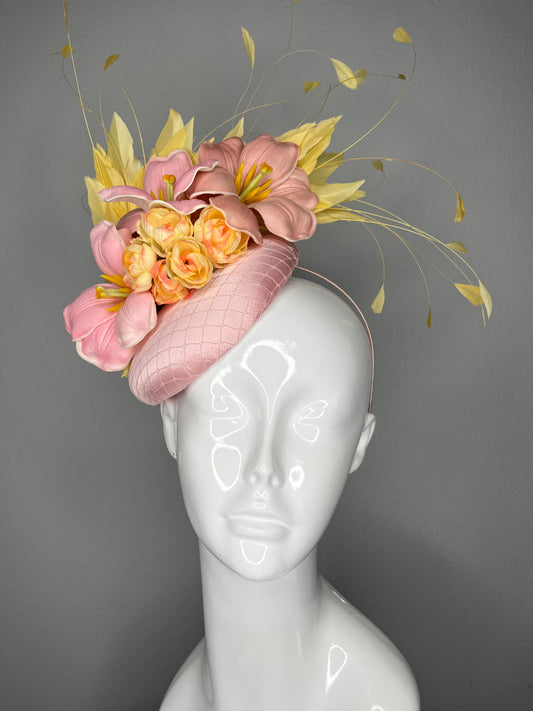 Blush Pink and Buttercream Yellow Feathers Lily Fascinator Hat Race Day Hat Kentucky Derby Royal Ascot