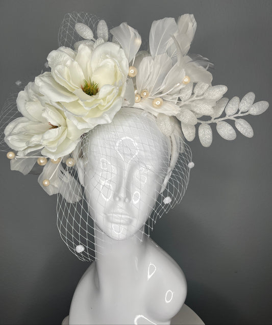White Garden Magnolia Elegance Feather Fascinator Hat