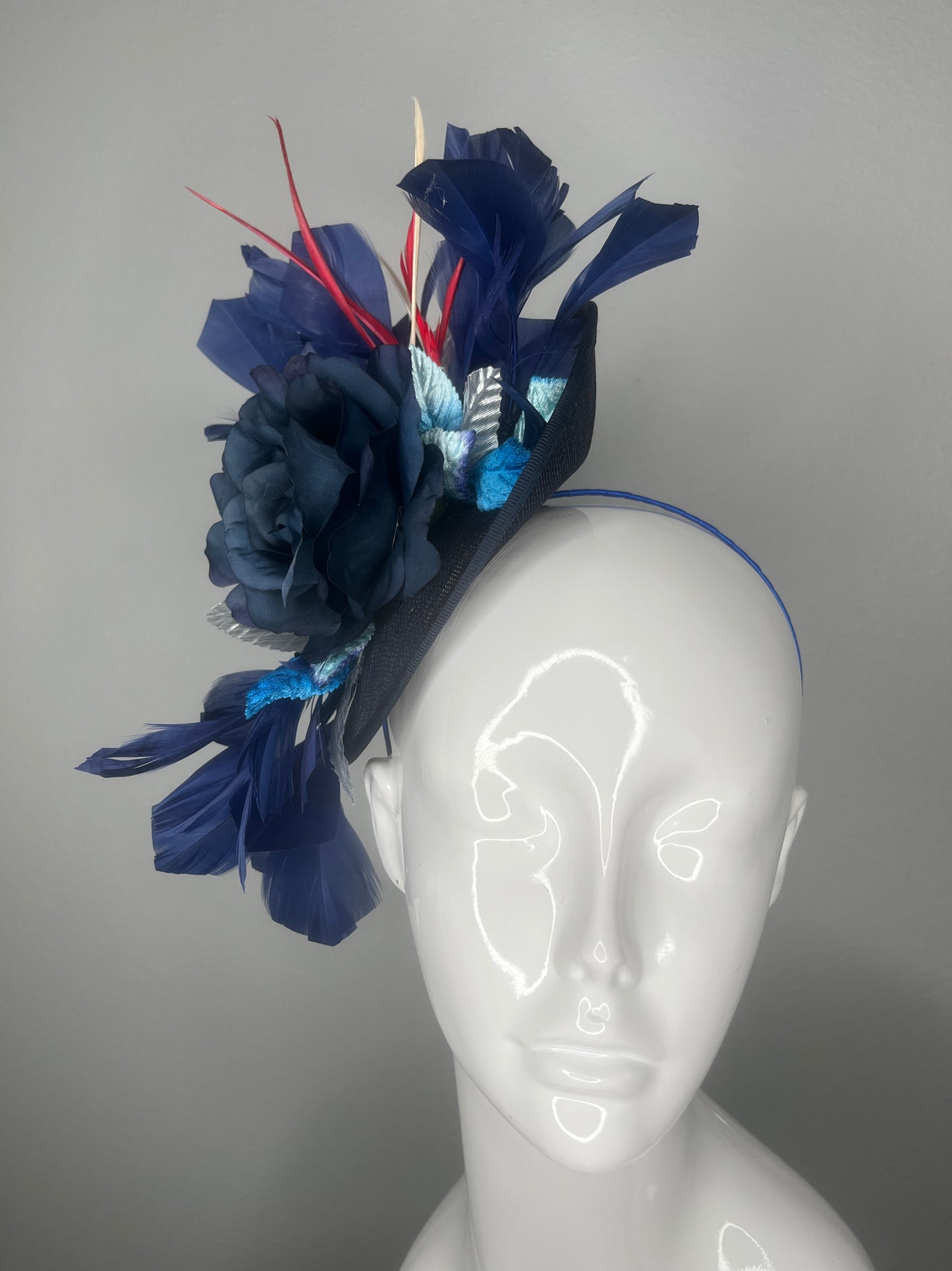 Navy Rose Red Feather Couture Fascinator