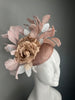 Kentucky Derby Hat Fascinator Mocha Brown Sinamay with Mocha Silk Roses, Soft Blush Feathers Metallic Silver Leaves