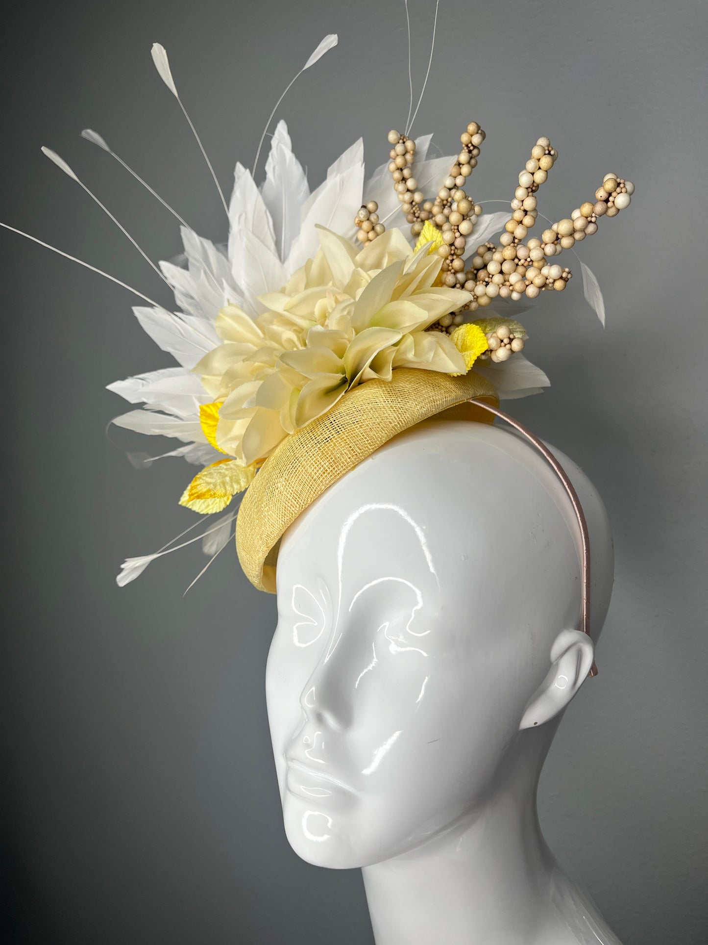 Butter Yellow Sinamay Fascinator Hat with Ivory Dahlia Flower White Feather Spray Berry Branches Elegant Headband Kentucky Derby