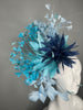 Kentucky Derby Hat Fascinator Ivory Sinamay with Navy Blue Feather Flower Aqua Blue Couture Statement Headpiece Race Day