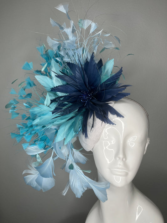 Kentucky Derby Hat Fascinator Ivory Sinamay with Navy Blue Feather Flower Aqua Blue Couture Statement Headpiece Race Day