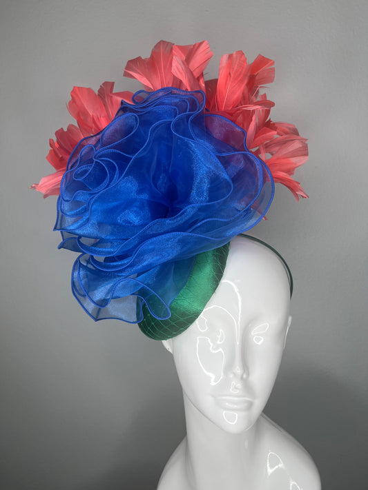 Kentucky Derby Fascinator Hat Emerald Green Satin Base with Royal Blue Organza Flower Coral Feather Plumes