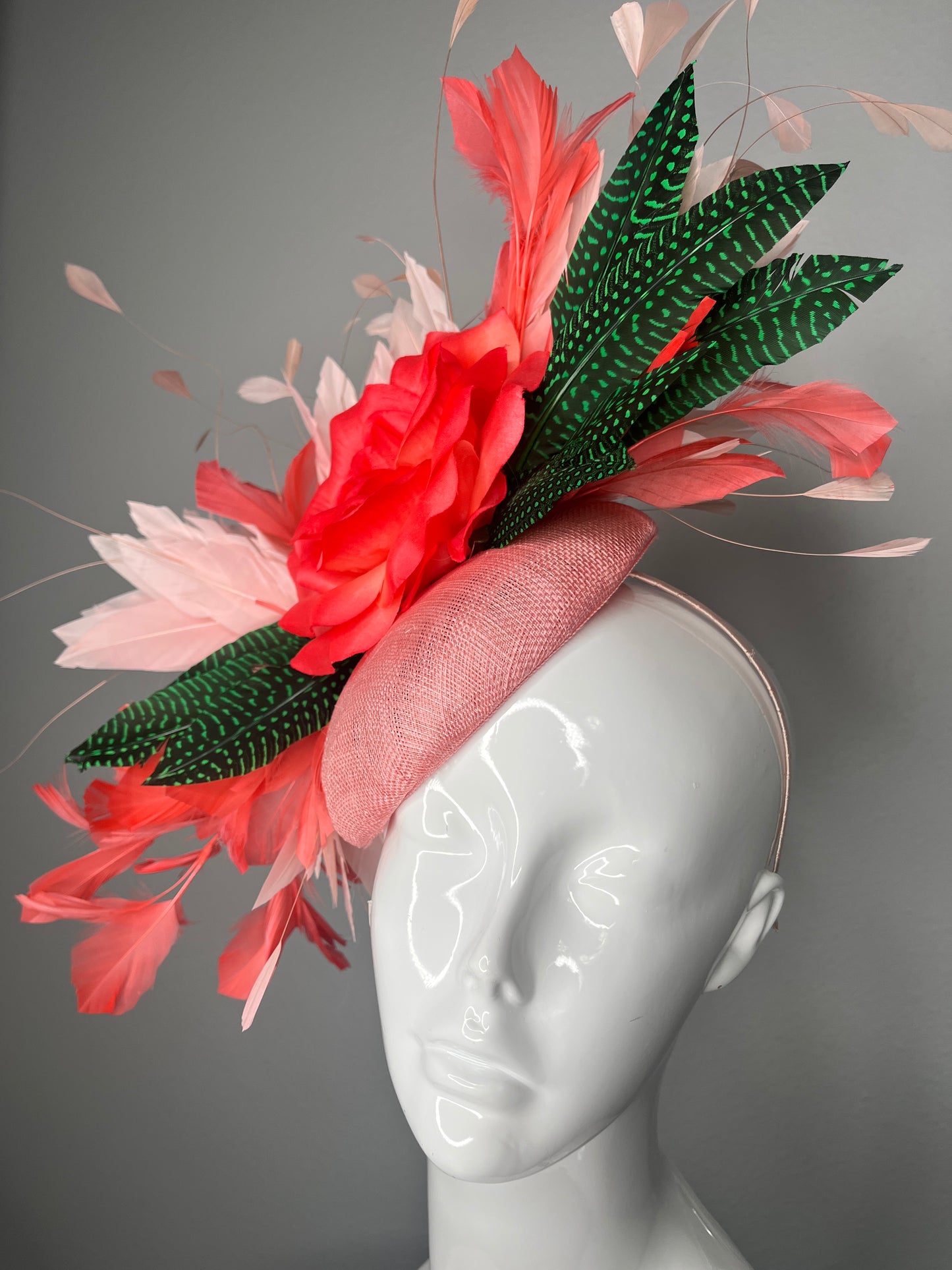 Kentucky Derby Fascinator Hat Blush Pink Sinamay with Coral Rose Coral and Blush Feathers Green Guinea Feather Accents Race Day