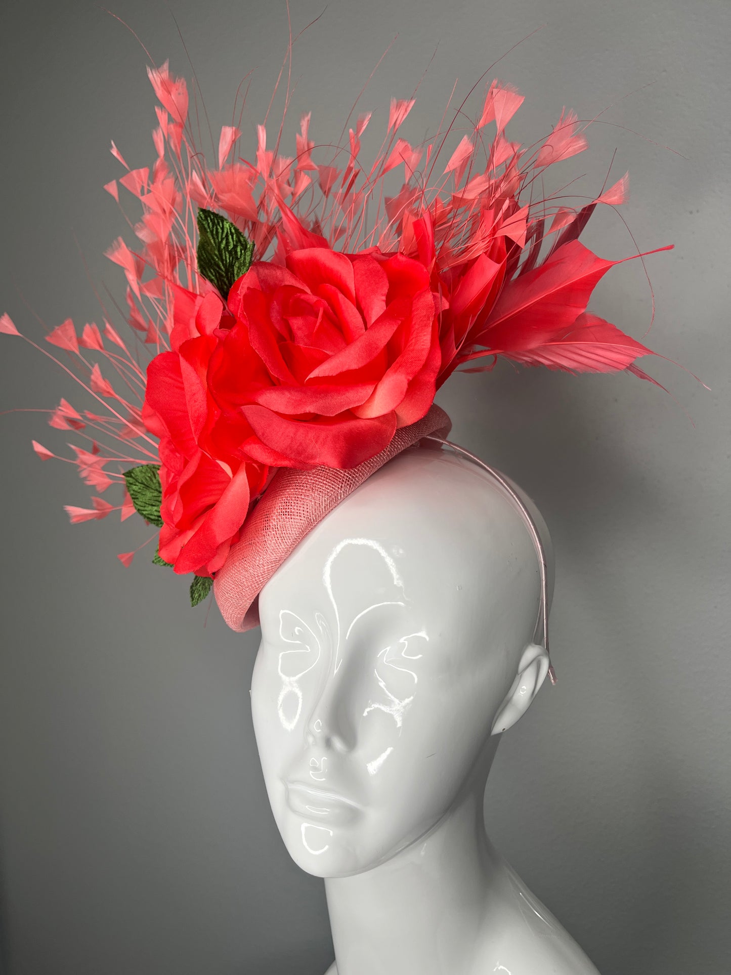 Kentucky Derby Fascinator Hat Sinamay with Coral Rose Flowers and Coral Feather Spray Race Day Headpiece