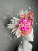 Kentucky Derby Fascinator Blush Pink Sinamay with Hot Pink Rose Coral Orchids White Feathers and Floral Couture Headpiece