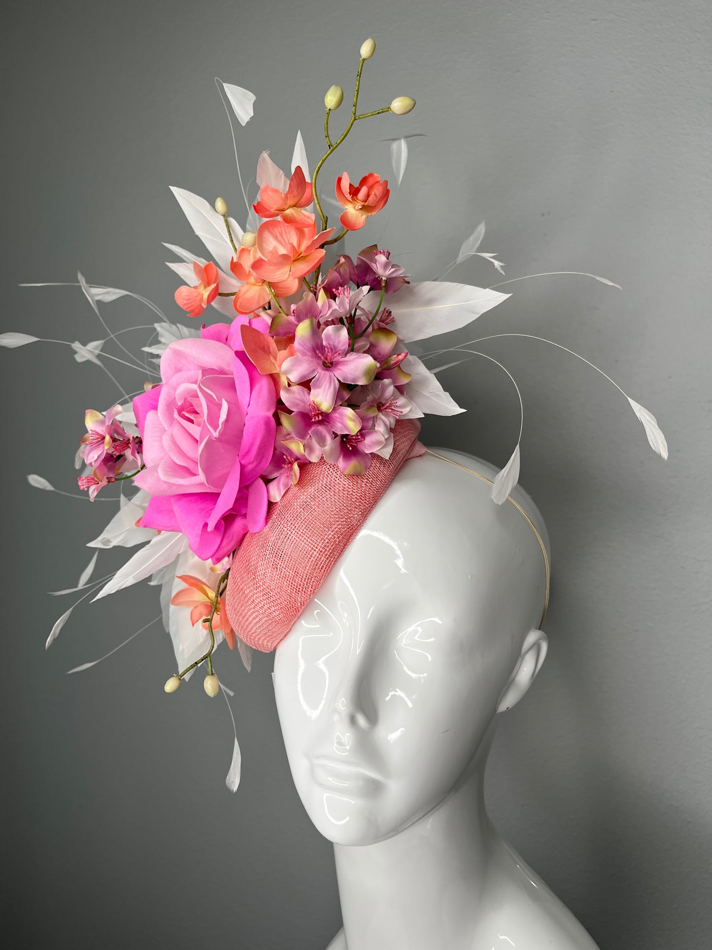 Kentucky Derby Fascinator Blush Pink Sinamay with Hot Pink Rose Coral Orchids White Feathers and Floral Couture Headpiece