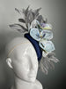 Kentucky Derby Fascinator Hat Navy Blue Satin with Blue Orchids Silver Leaves Gray Feather Couture Headpiece