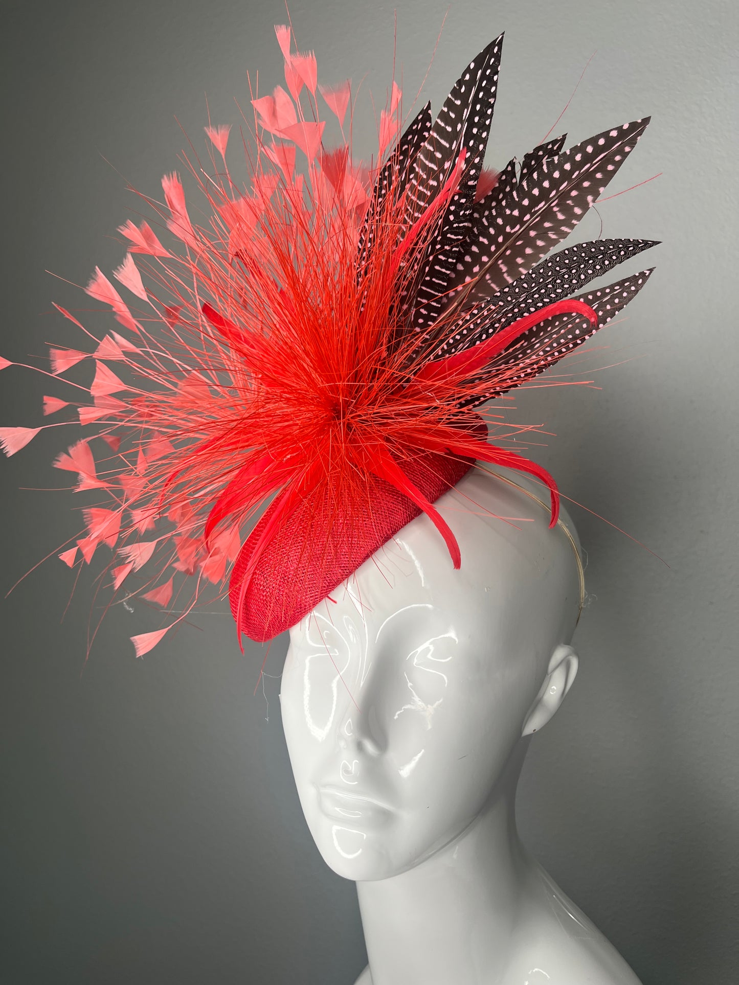 Red Sinamay Fascinator with Firework Feather Burst Polka Dot Feathers Coral Sprays Kentucky Derby Breeders Cup Royal Ascot Hat