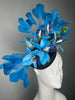 Black Satin Fascinator with Electric Blue Orchids Cobalt Feather Spray Green Orchid Buds Kentucky Derby Breeders Cup Royal Ascot Hat