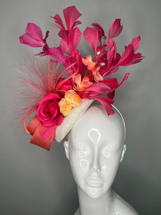 Ivory Coral Sinamay Fascinator with Fuchsia Rose Coral Orchids Feather Spray Hot Pink Coque Feathers Kentucky Derby Breeders Cup