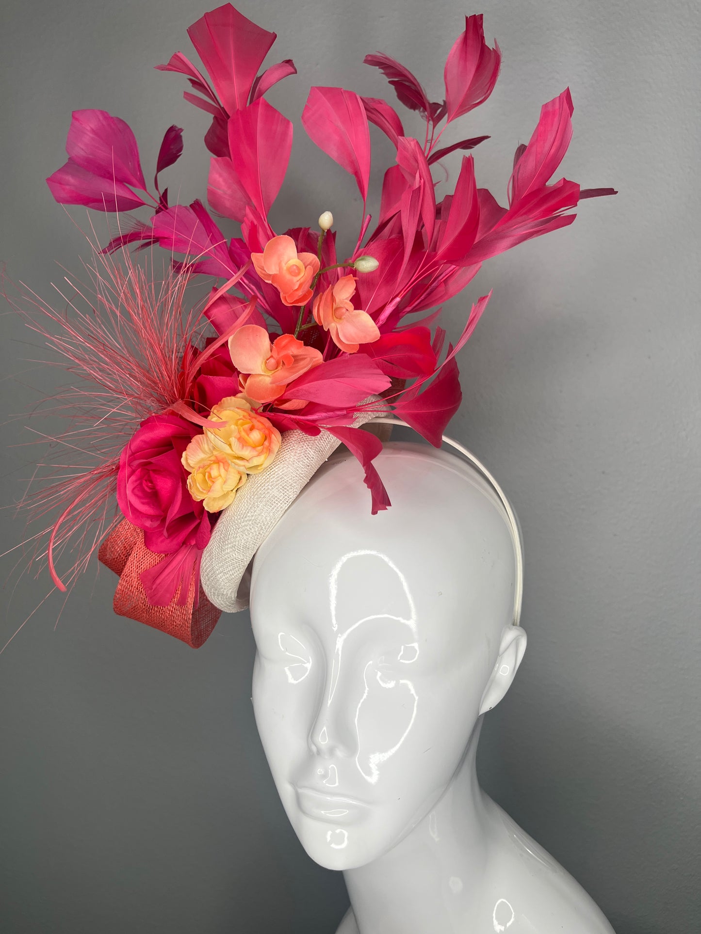 Ivory Coral Sinamay Fascinator with Fuchsia Rose Coral Orchids Feather Spray Hot Pink Coque Feathers Kentucky Derby Breeders Cup