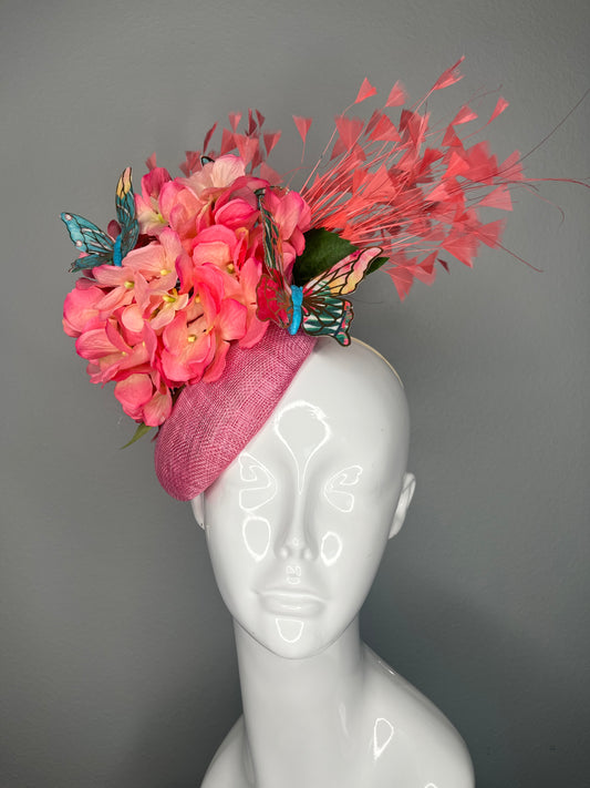 Pink Hydrangea Fascinator with Coral Feather Spray and Butterflies