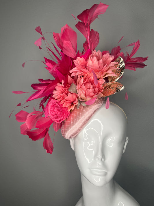 kentucky derby Blush Pink Fascinator with Fuchsia Feathers Floral Blooms Metallic Gold Leaves