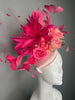 kentucky derby Blush Pink Fascinator with Fuchsia Feathers Floral Blooms Metallic Gold Leaves