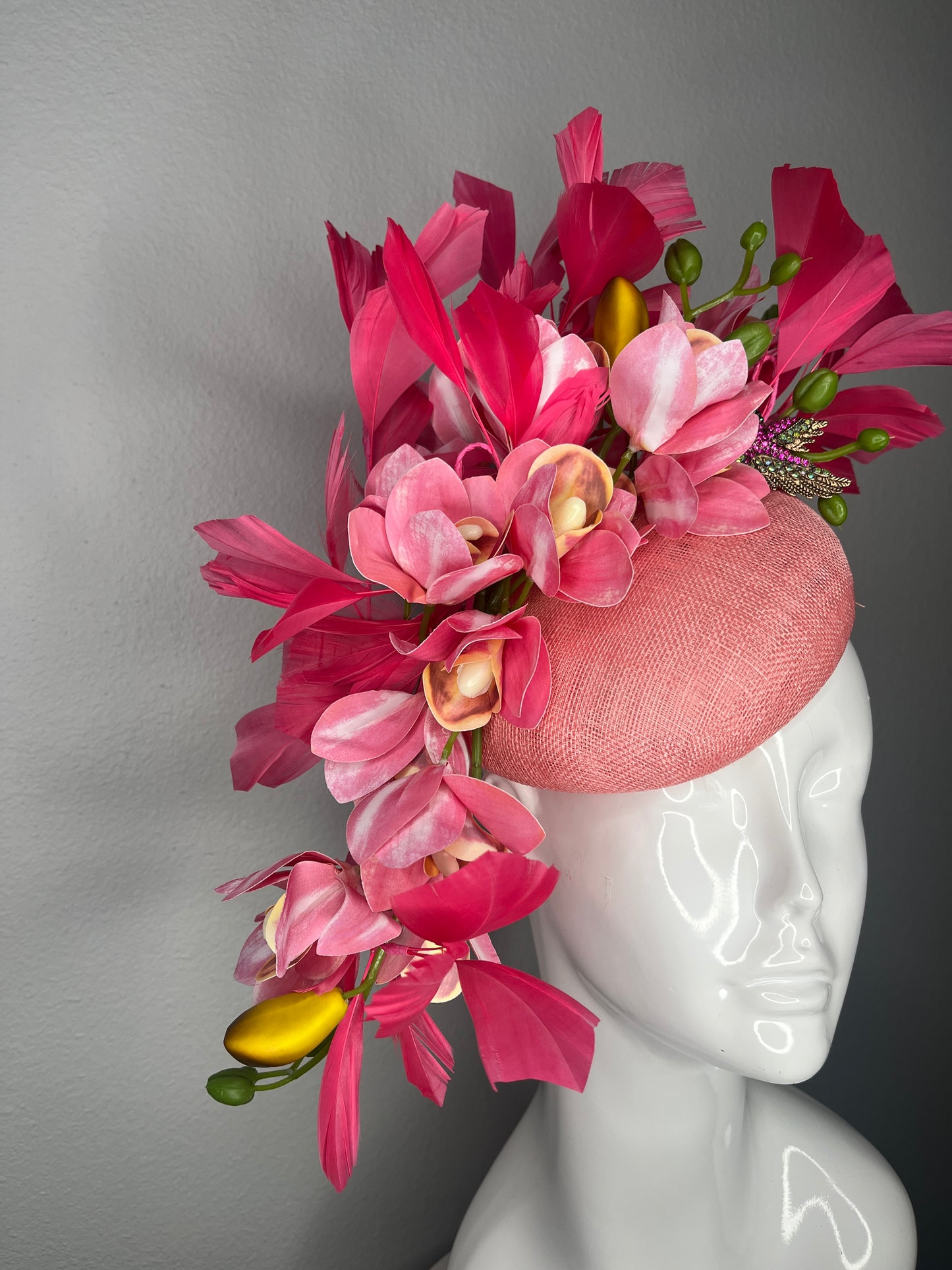 Pink Orchid and Feather Cascade Sinamay Fascinator with Jeweled Hummingbird