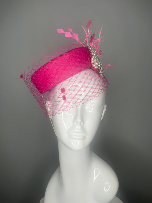 Fuchsia Pink Woven Pillbox Hat with Veiling, Feathers and Rhinestone and Pearl Embellishment
