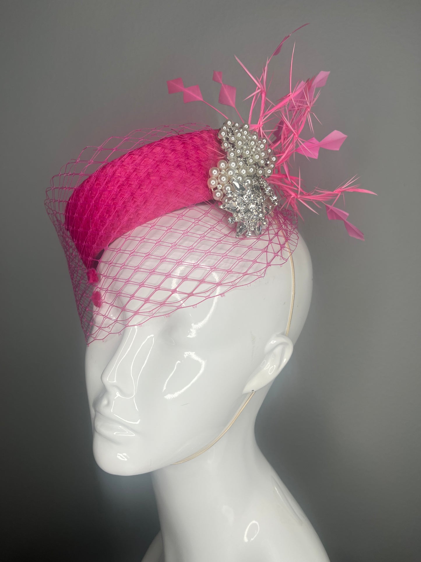 Fuchsia Pink Woven Pillbox Hat with Veiling, Feathers and Rhinestone and Pearl Embellishment