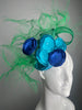 Turquoise Blue and Royal Blue Floral Fascinator with Green Sculptural Sinamay Accents