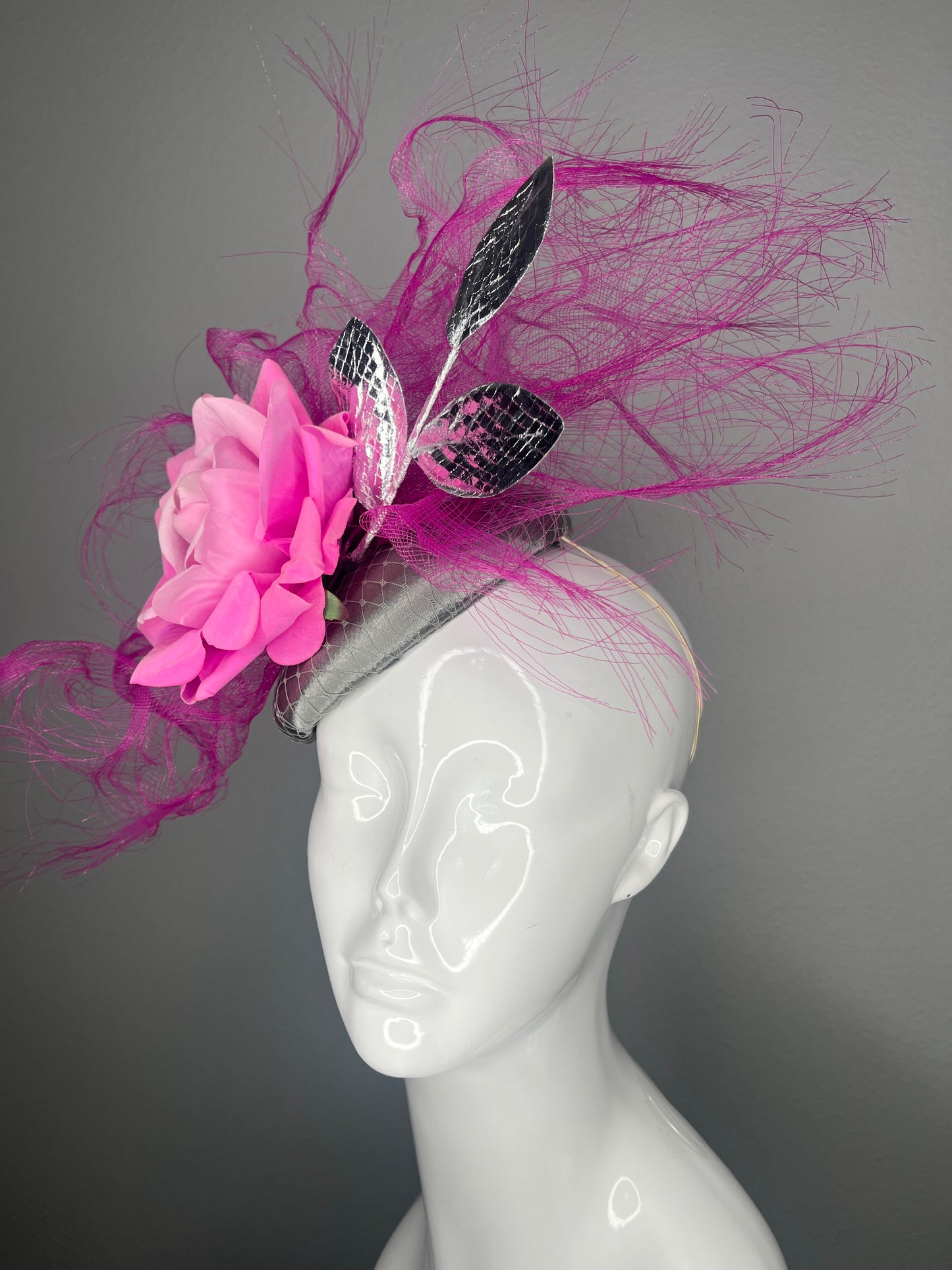 Pink Rose and Silver Leaf Fascinator with Fuchsia Pink Accents Hat