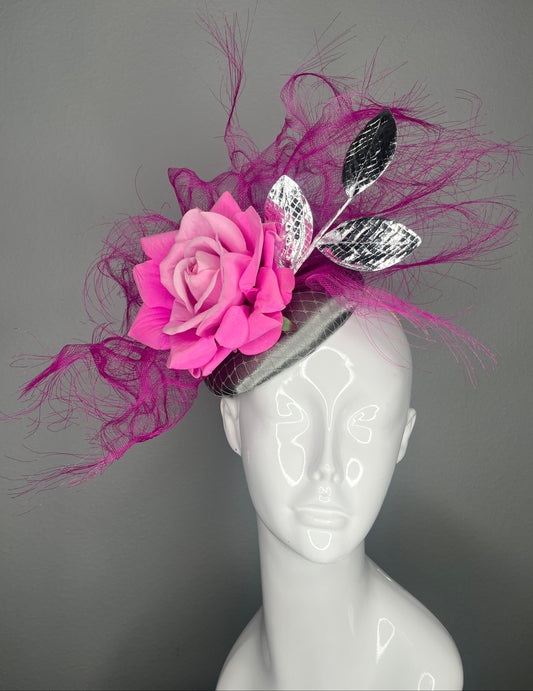 Pink Rose and Silver Leaf Fascinator with Fuchsia Pink Accents Hat