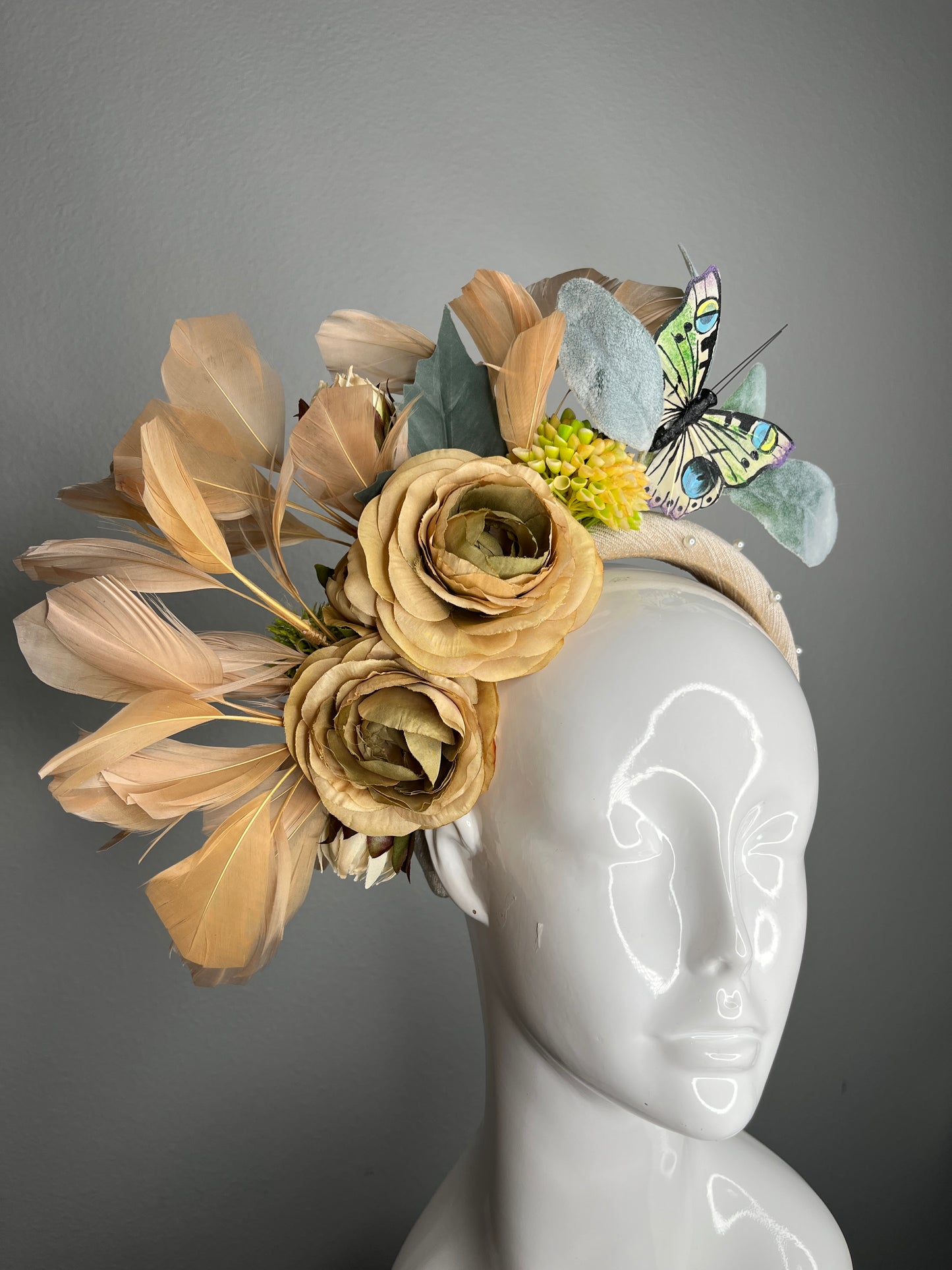 Golden Garden Butterfly Fascinator with Florals and Feathers Headpiece Fascinator