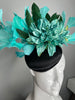 Black Fascinator with Aqua Blue Green Florals and Turquoise Feathers Hat Kentucky Derby