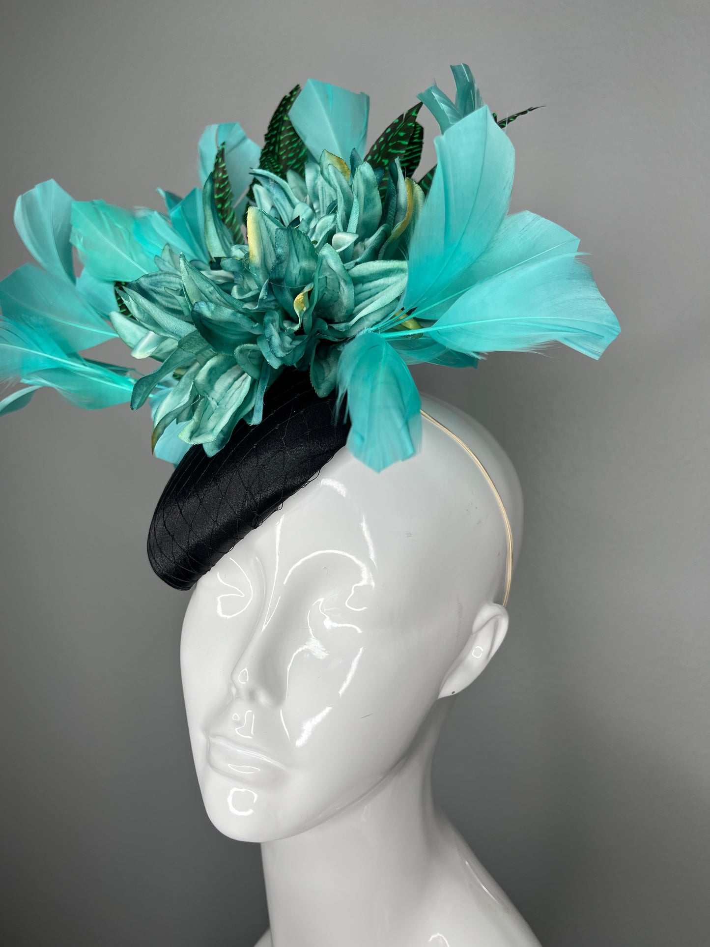 Black Fascinator with Aqua Blue Green Florals and Turquoise Feathers Hat Kentucky Derby