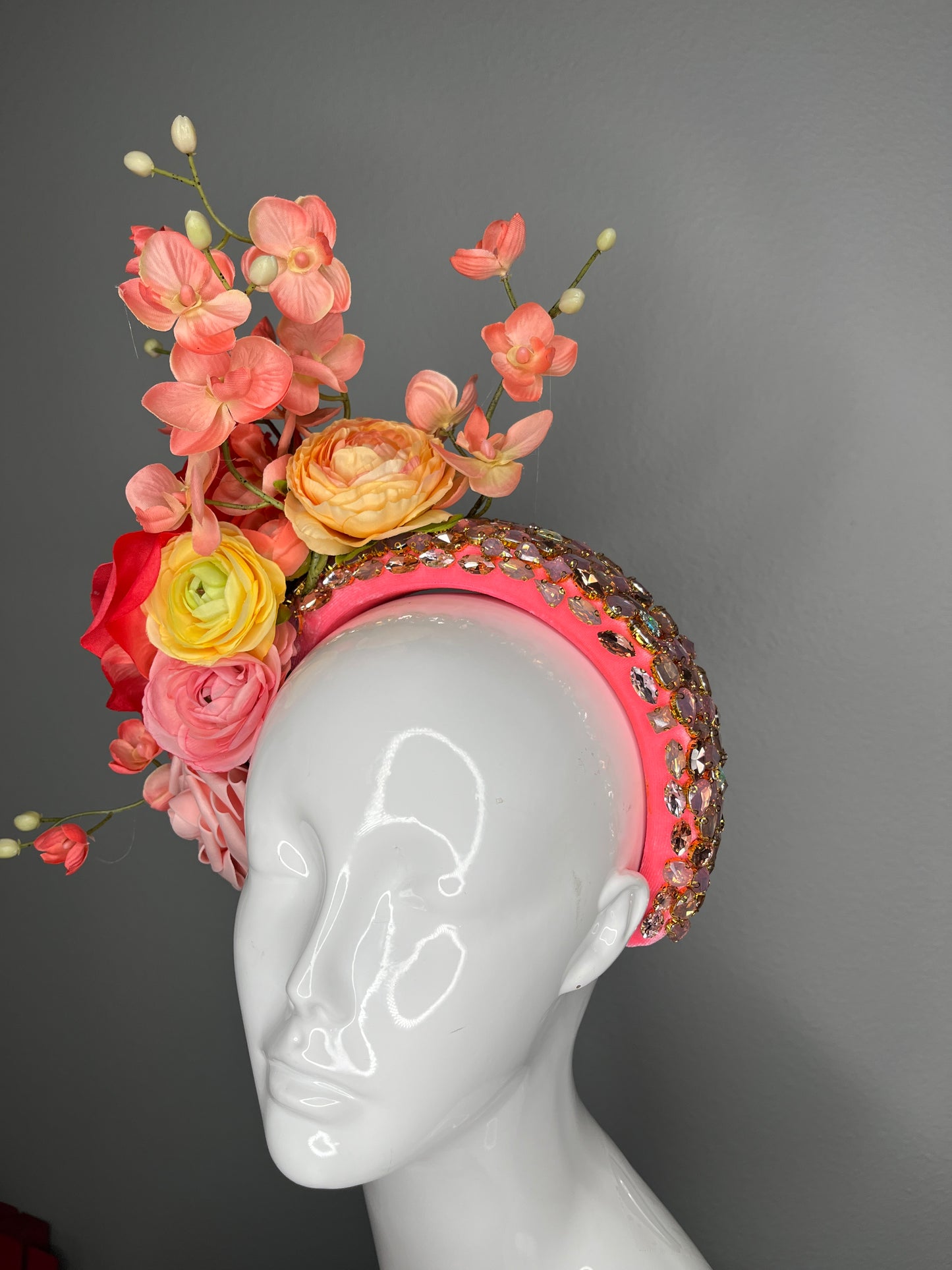 Coral and Pink Floral Fascinator with Yellow Blooms and Jeweled Headband