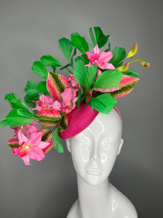 Pink Orchid and Green Feather Velvet Leaves Fascinator Kentucky Derby Kentucky Oaks
