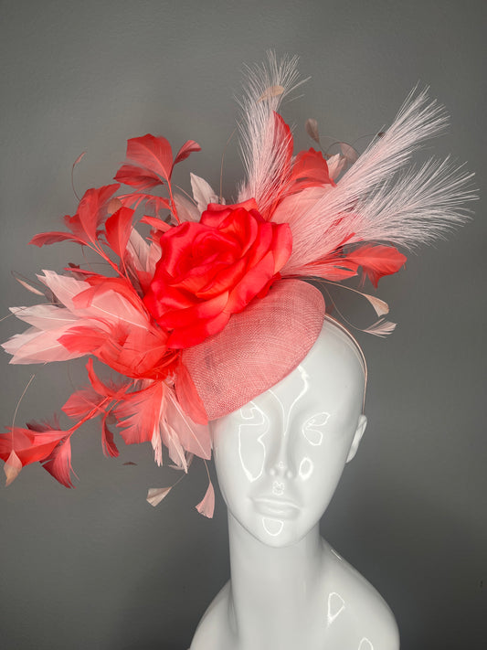 Coral and Blush Rose Feather Fascinator Hat Kentucky Derby