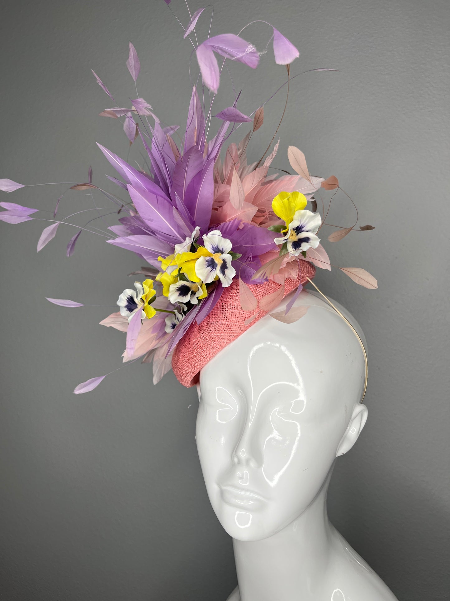 Purple and Yellow Pansies with Lavender and Blush Feather Fascinator Hat Kentucky Derby