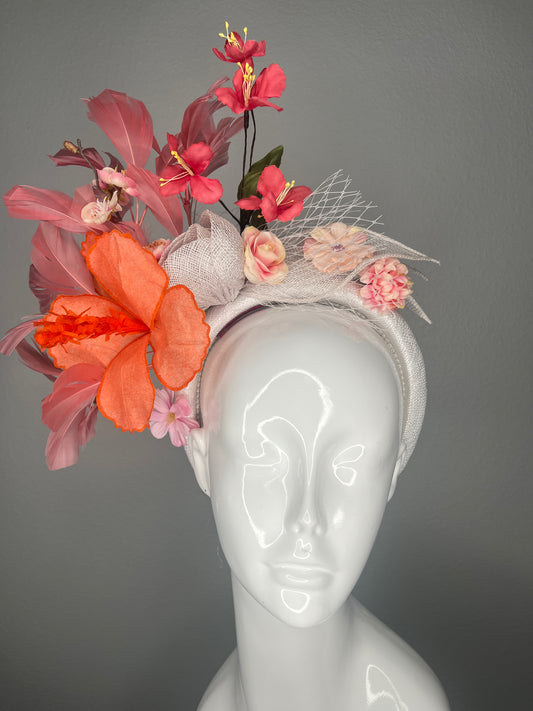 Tropical Bloom Coral and Pink Floral Feather Fascinator Headband
