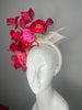 Red and Hot Pink Floral Fascinator Headband with Feathers and Ivory Veiling
