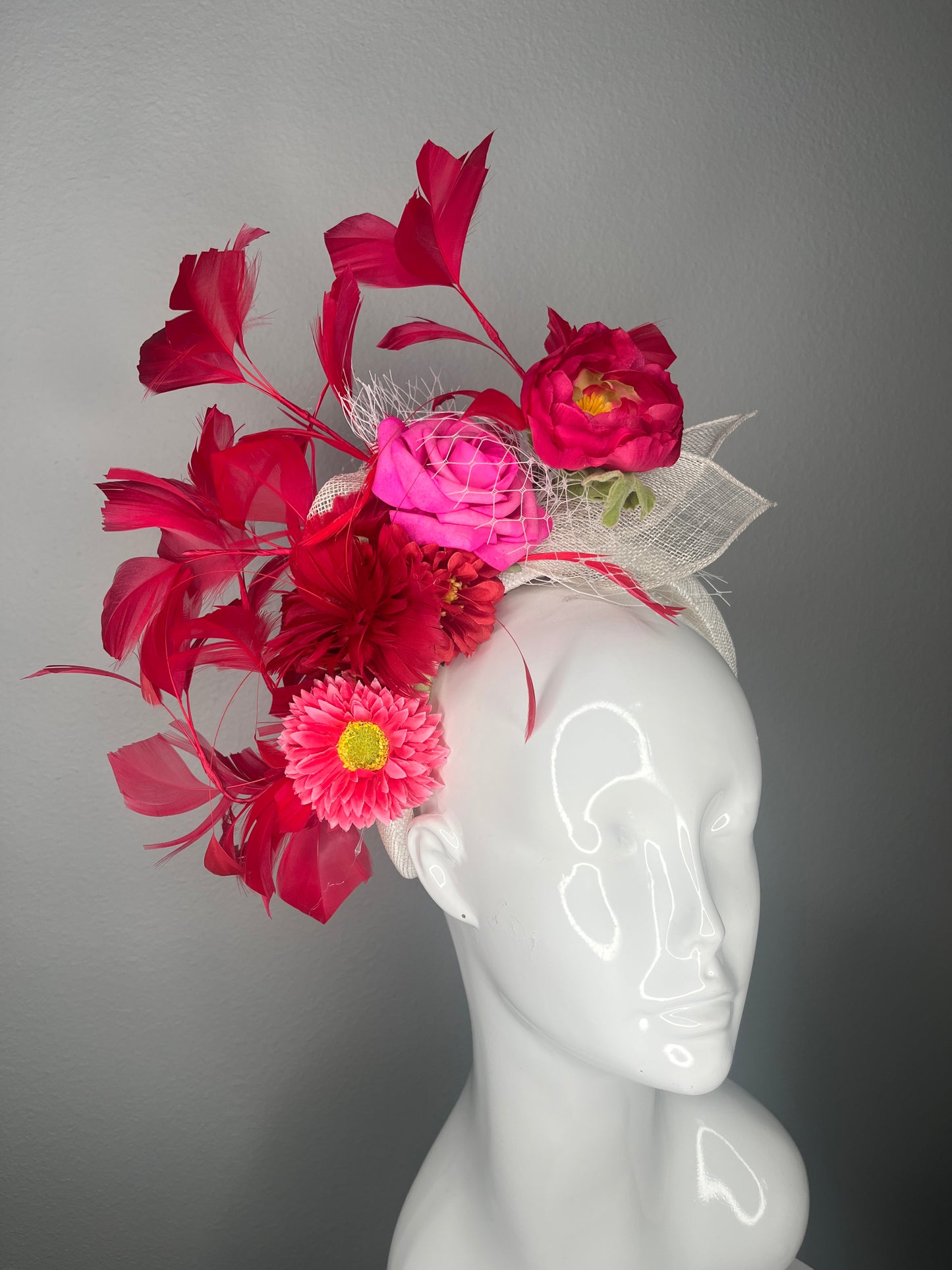 Red and Hot Pink Floral Fascinator Headband with Feathers and Ivory Veiling