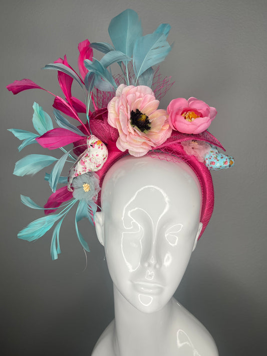 Fuchsia Pink and Aqua Floral Bird Feather Fascinator Headband Kentucky Derby Headpiece