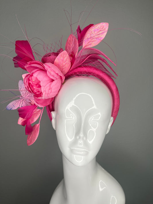 Pink Floral Fascinator Headband with Feathers Butterfly and Iridescent Leaves Kentucky Derby