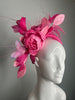 Pink Floral Fascinator Headband with Feathers Butterfly and Iridescent Leaves Kentucky Derby